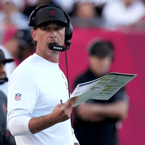San Francisco 49ers coach Kyle Shanahan holding a practice sheet
