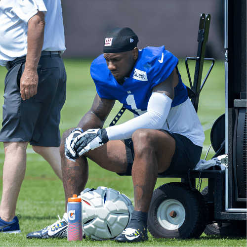 Malik Nabers seated at New York Giants training camp