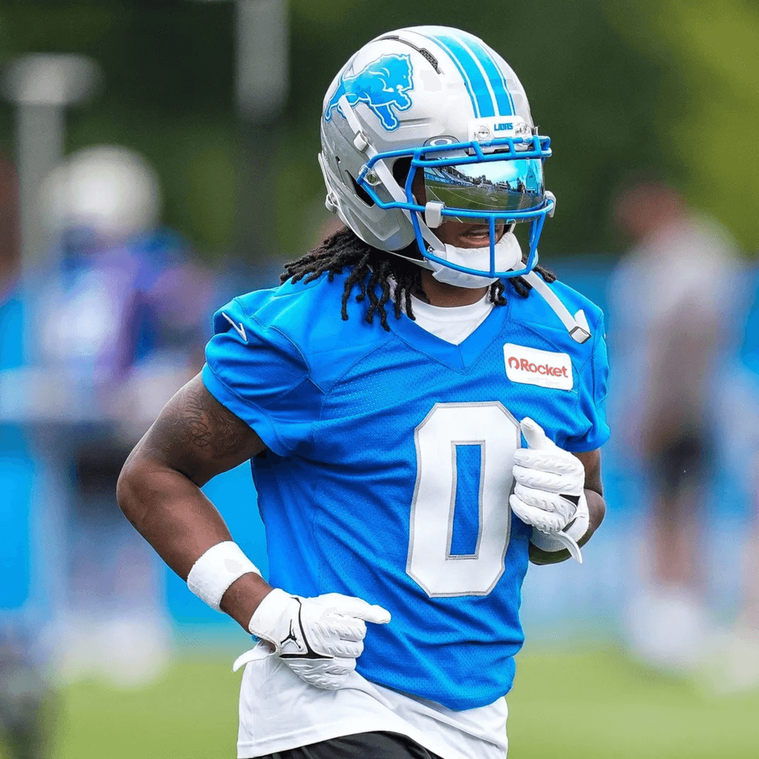 Jahmyr Gibbs on the Detroit Lions practice field during training camp