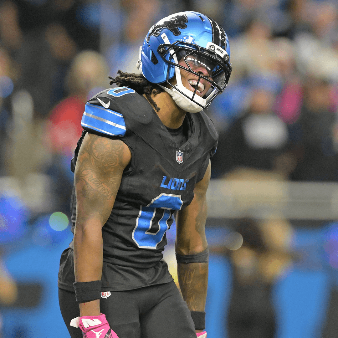 Jahmyr Gibbs celebrating in a Detroit Lions uniform