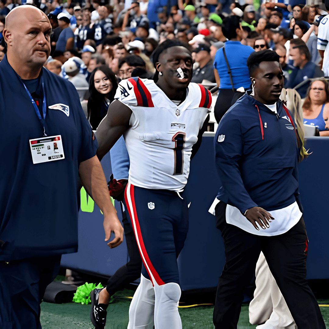 A.J. Brown leaving the field with New England staff