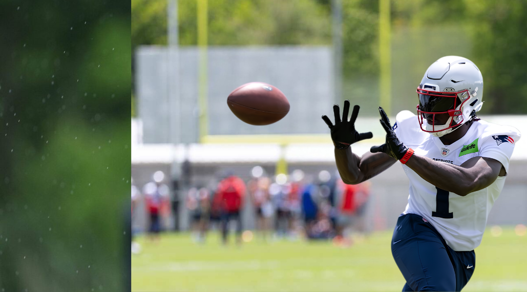 AFC East Camp Watch hero image featuring a New England Patriots player preparing to catch a pass during training camp.
