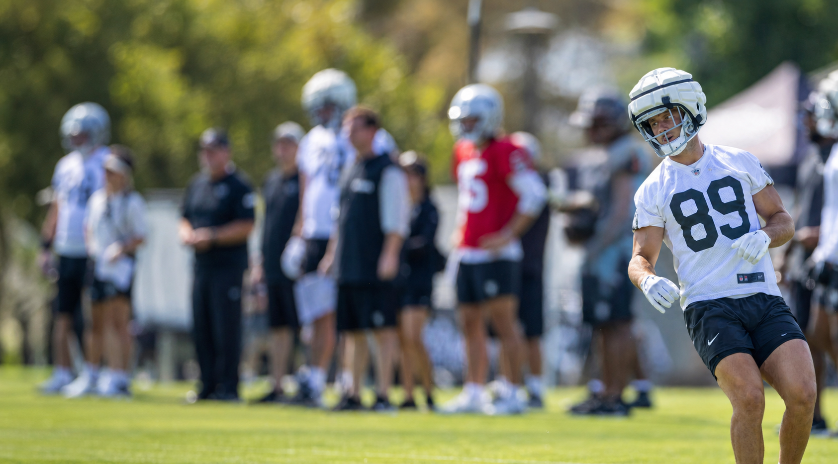 AFC West and AFC South Camp Intelligence hero featuring a Las Vegas Raiders player wearing number 89 at training camp.