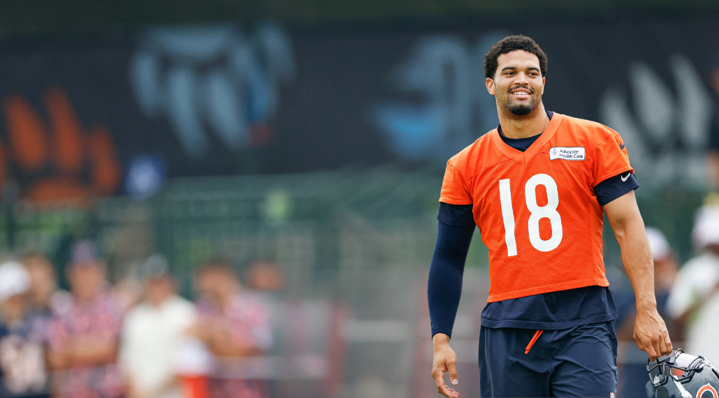 Preseason Top 5 FAZE Feed hero featuring Chicago Bears quarterback Caleb Williams at training camp.