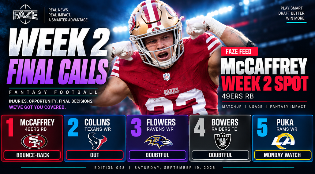 FAZE Feed Edition 048 — Week 2 Final Calls featuring Christian McCaffrey, Nico Collins, Zay Flowers, Brock Bowers and Puka Nacua.