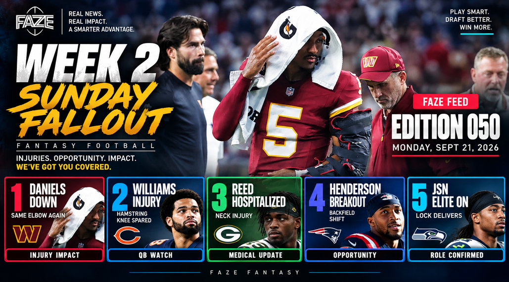 FAZE Feed Edition 050 — Week 2 Sunday Fallout featuring Jayden Daniels, Caleb Williams, Jayden Reed, TreVeyon Henderson and Jaxon Smith-Njigba.
